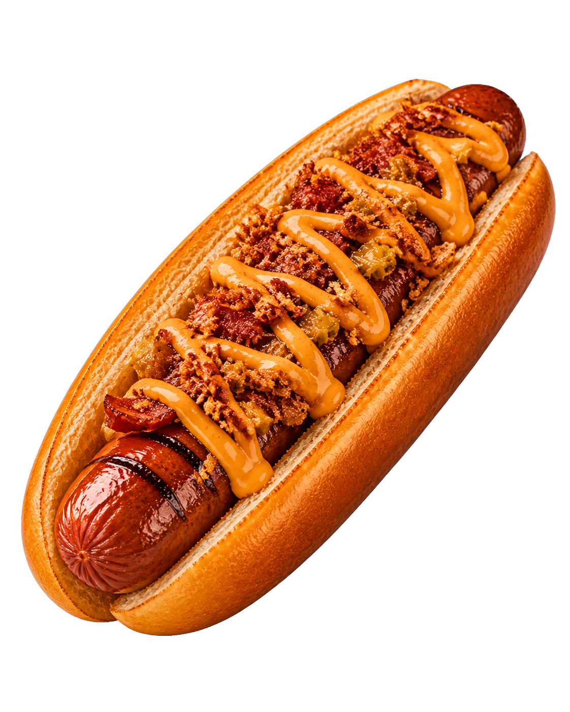 A loaded grilled Sober Bites hotdog with savoury beef, pickles, crisp onion and orange sauce