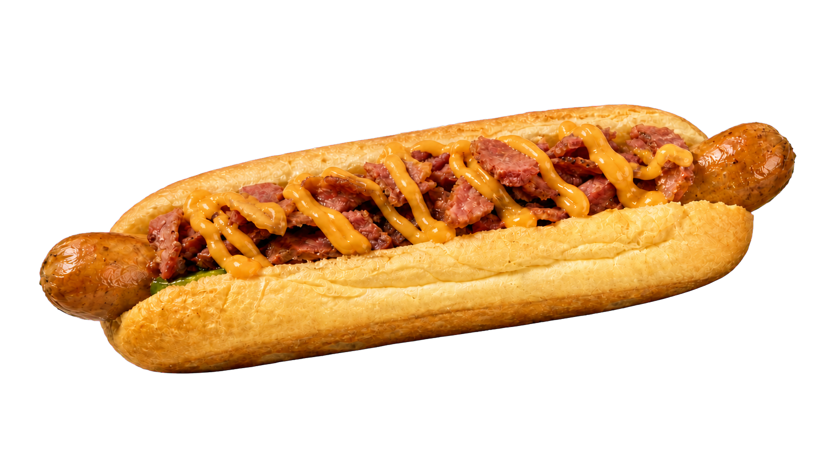 A loaded Sober Bites artisanal hotdog