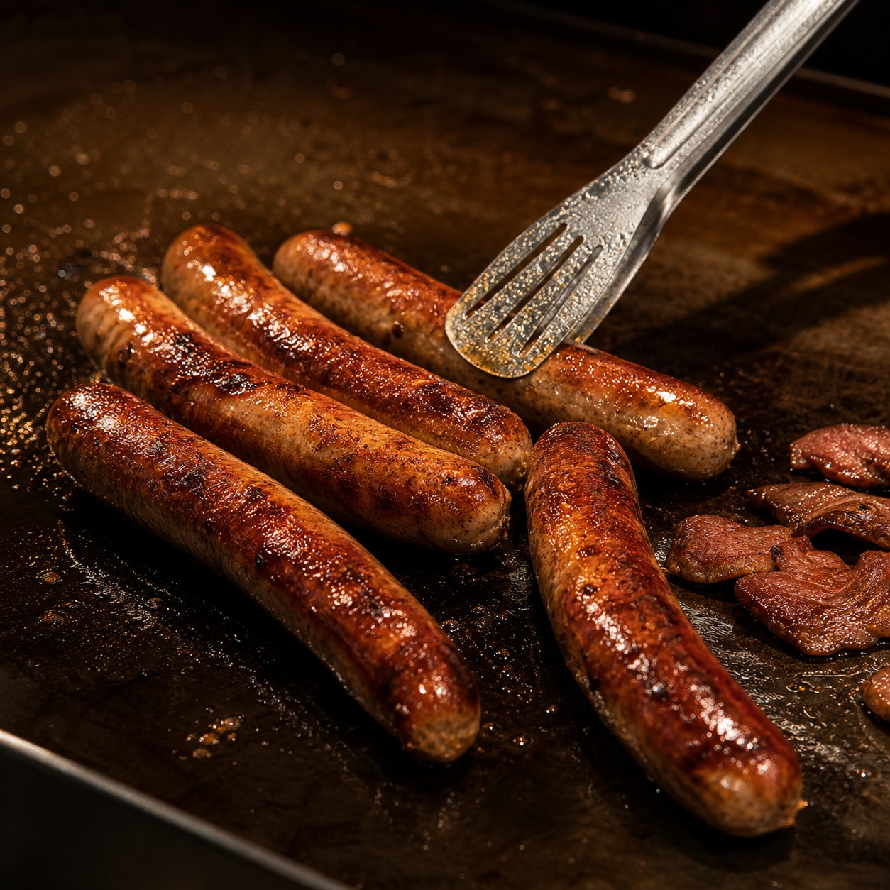 Browned artisanal sausages being turned on a hot griddle
