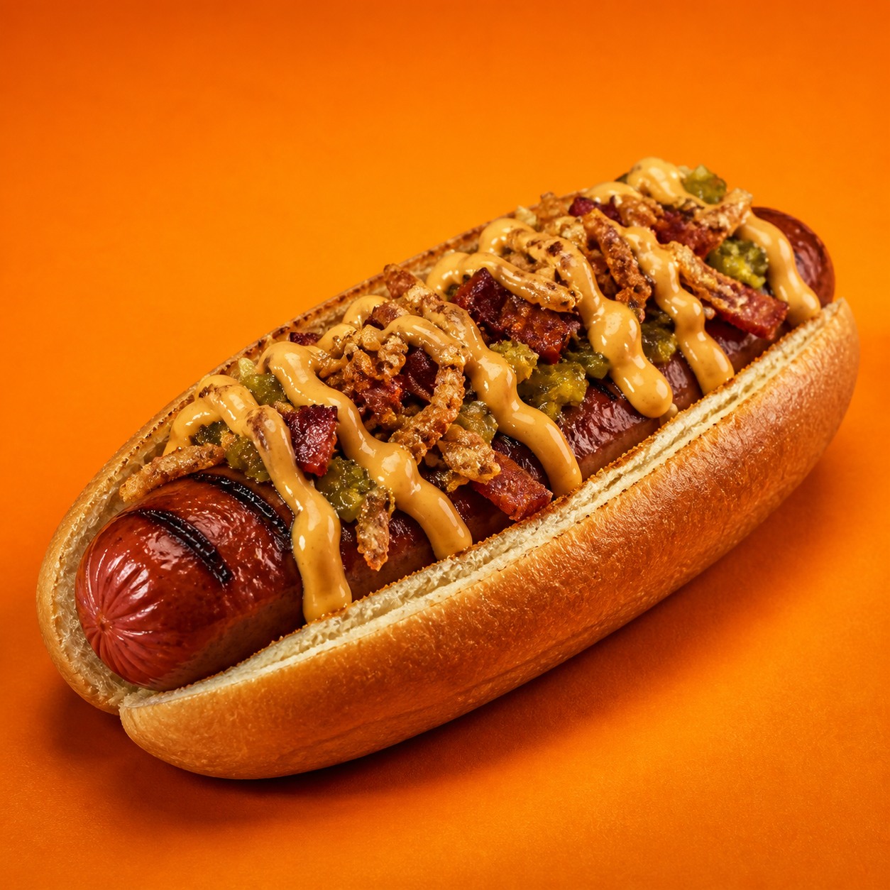 A fully loaded Sober Bites hotdog with crisp beef, pickles, fried onion and orange sauce
