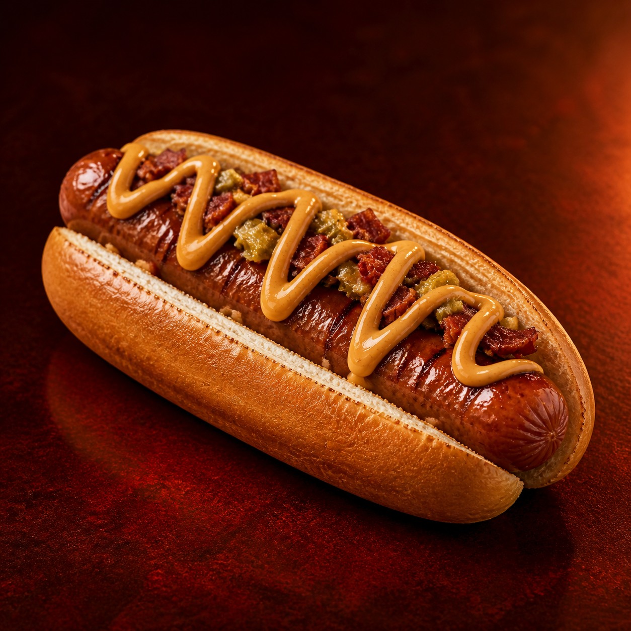 An original grilled Sober Bites hotdog with orange sauce, crisp beef and pickle
