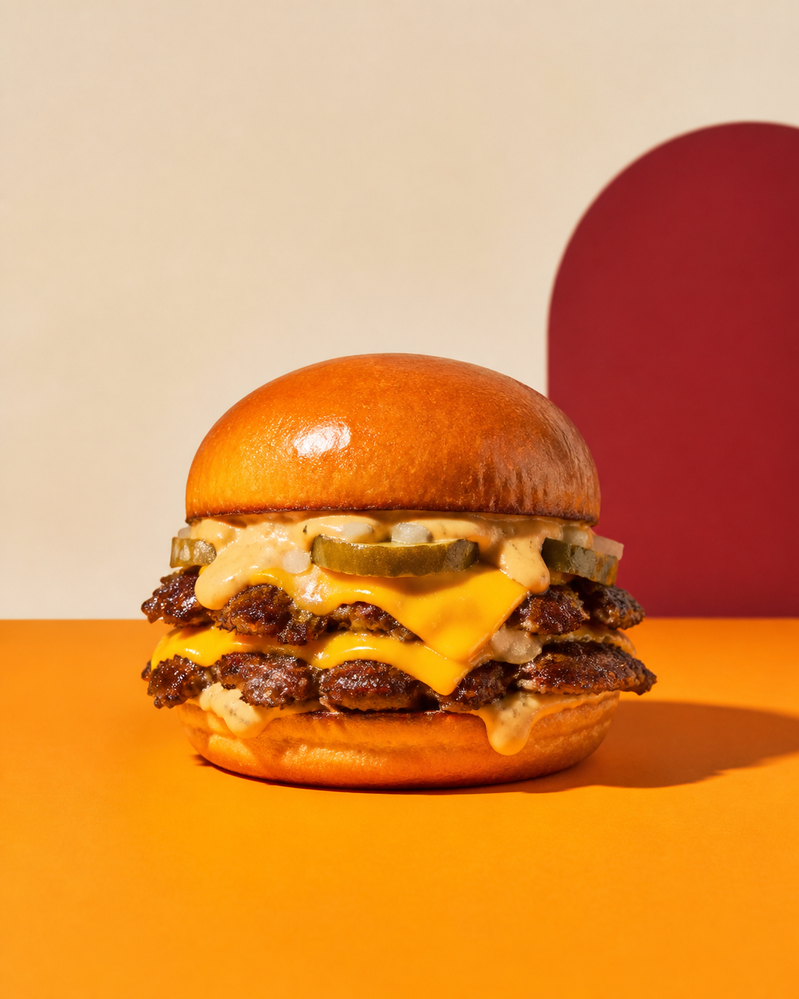Double smash burger with cheese, pickles and sauce