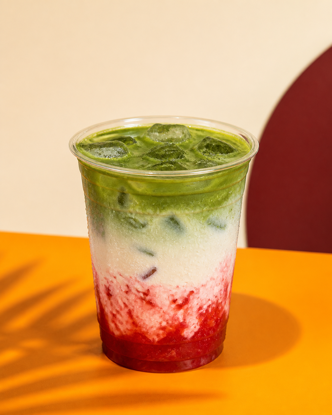 Iced strawberry cream matcha drink